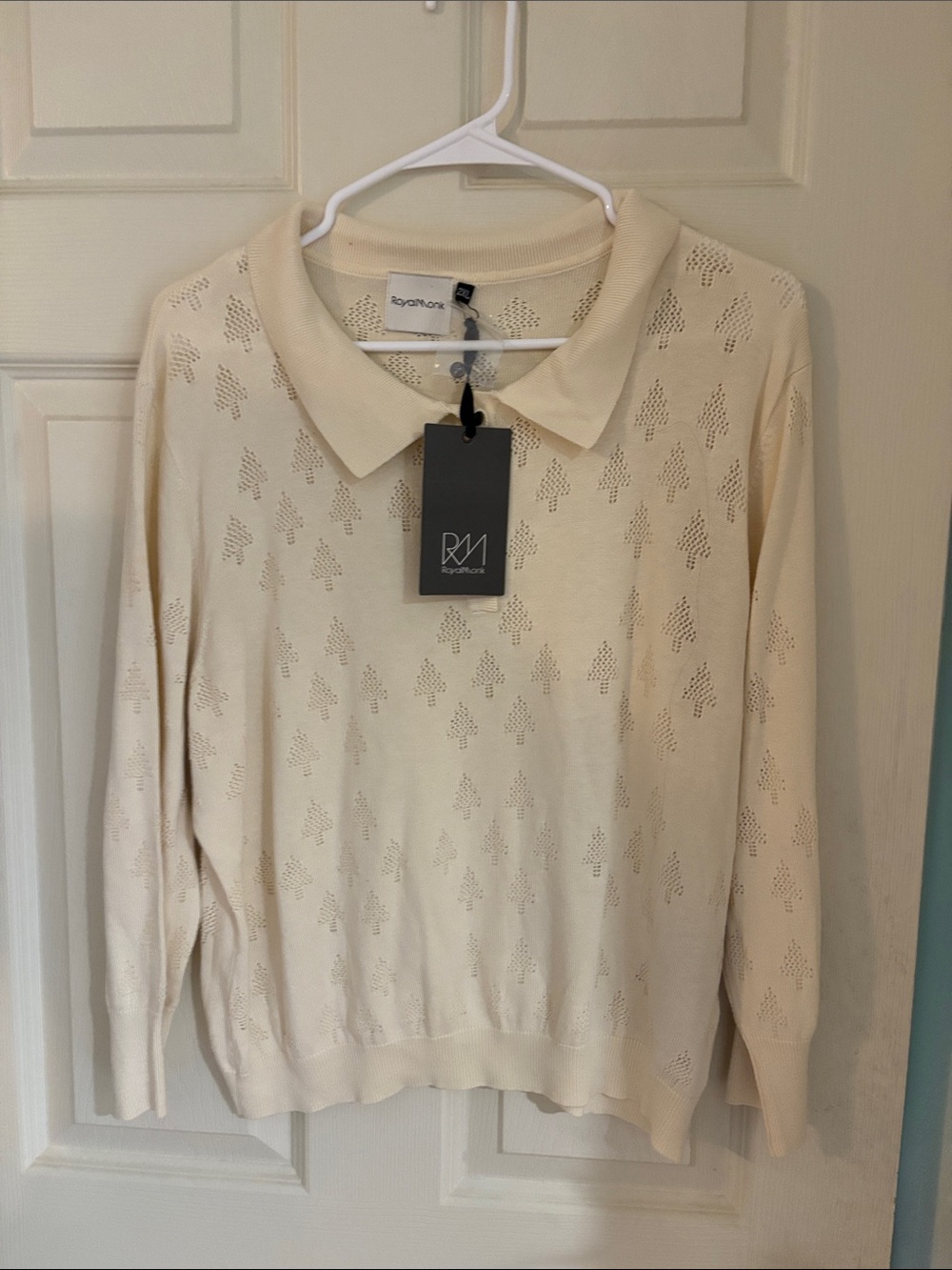 Cream Pointelle Polo Sweater - Women's